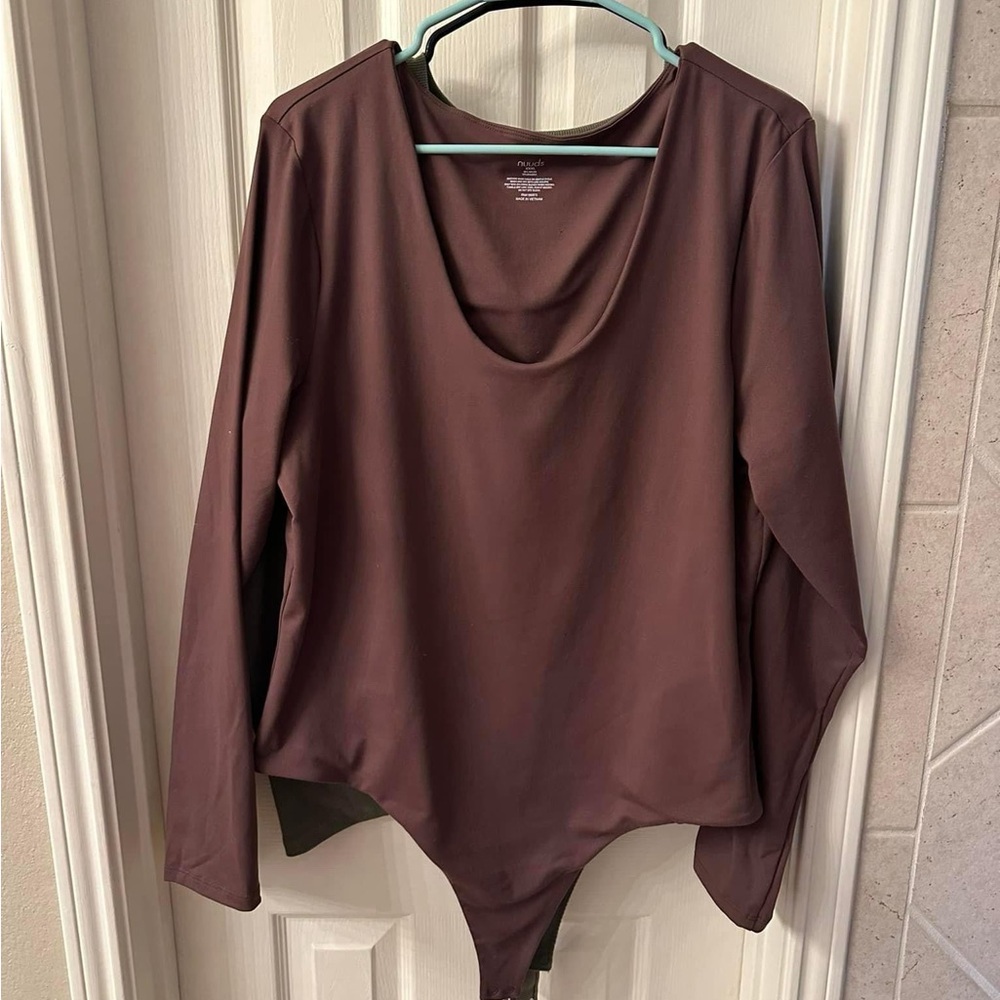 Nuuds 3x coffee long sleeveve scoop neck bodysuit